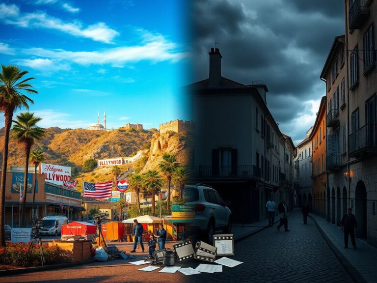Flick International Dramatic landscape depicting contrasting American film set and gloomy European backdrop