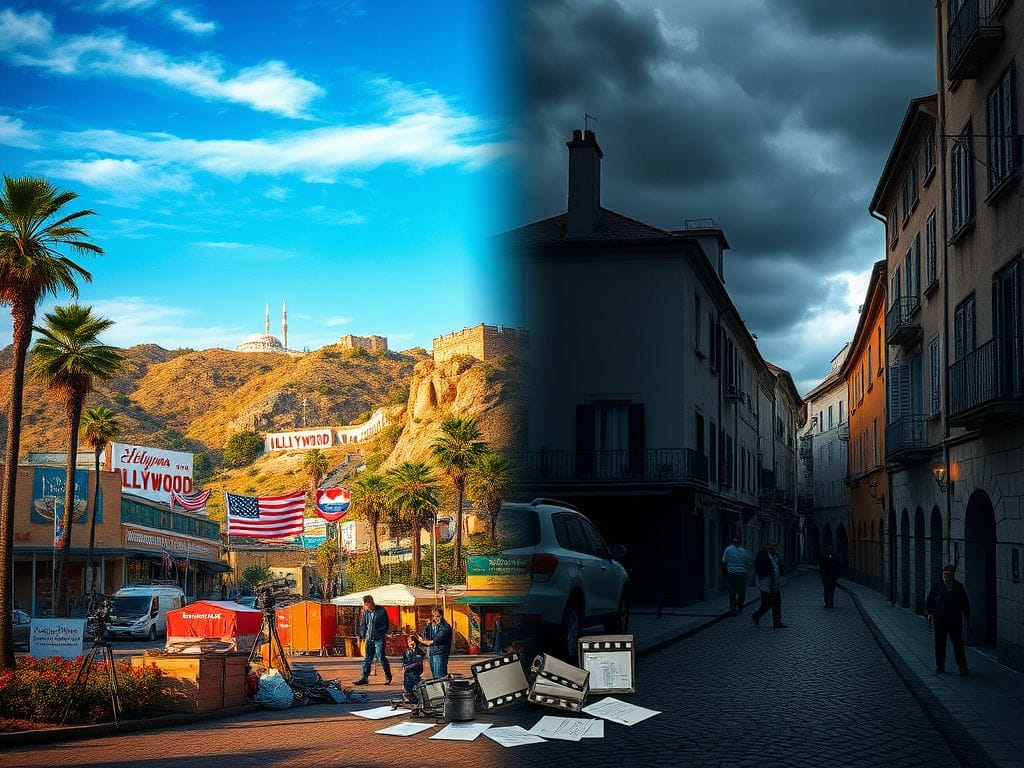Flick International Dramatic landscape depicting contrasting American film set and gloomy European backdrop