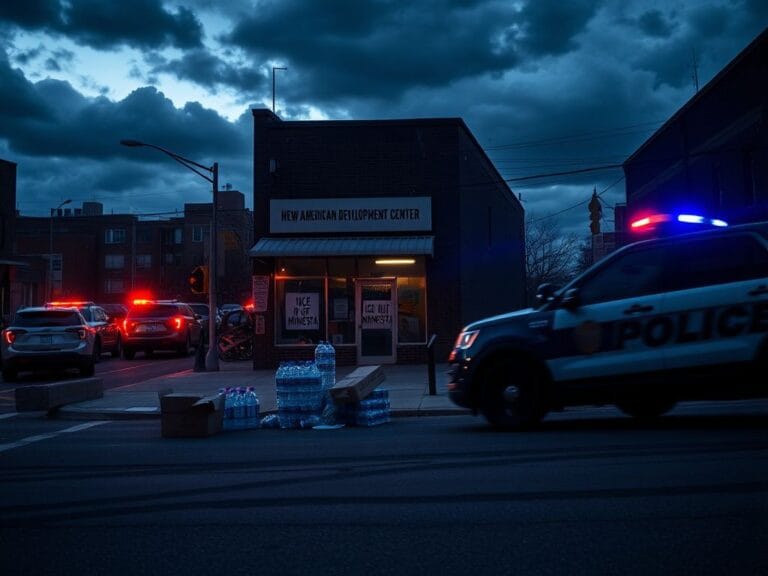Flick International A dark Minneapolis street illuminated by police lights, showcasing the NEW AMERICAN DEVELOPMENT CENTER with an ICE OUT OF MINNESOTA sign in the window.