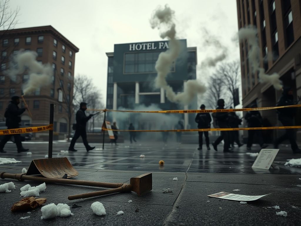 Flick International Tense urban scene outside a hotel in Minneapolis during protests against ICE, featuring barricades and federal agents in tactical gear.