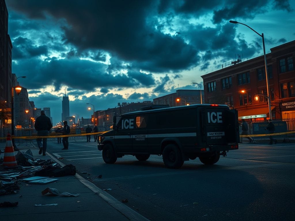 Flick International Fortified ICE vehicle in a tense urban setting at twilight, surrounded by protest debris