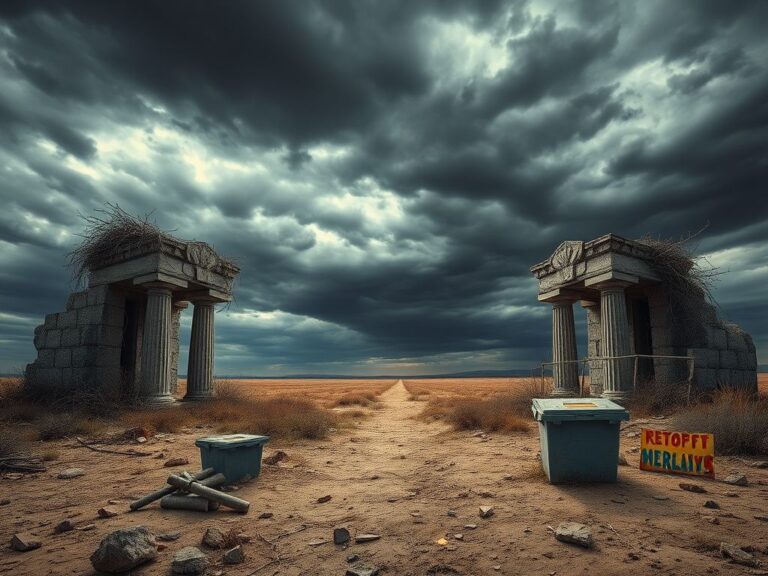 Flick International A barren landscape showing broken pillars representing the Republican and Democratic parties amidst protest signs and a rusted ballot box.