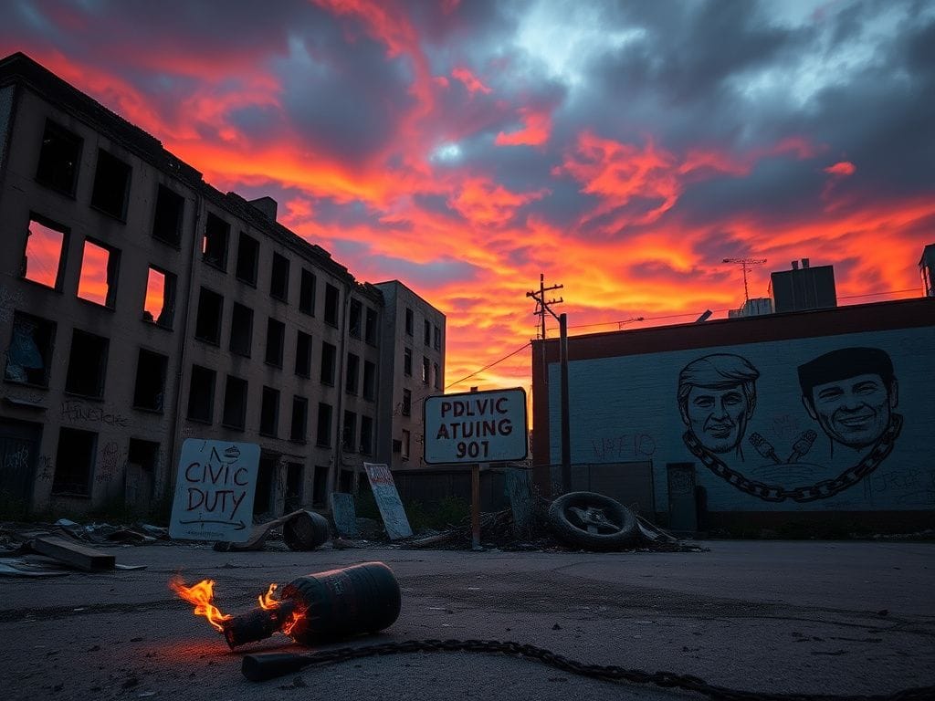 Flick International Somber urban landscape with a dilapidated building showcasing shattered windows and charred walls