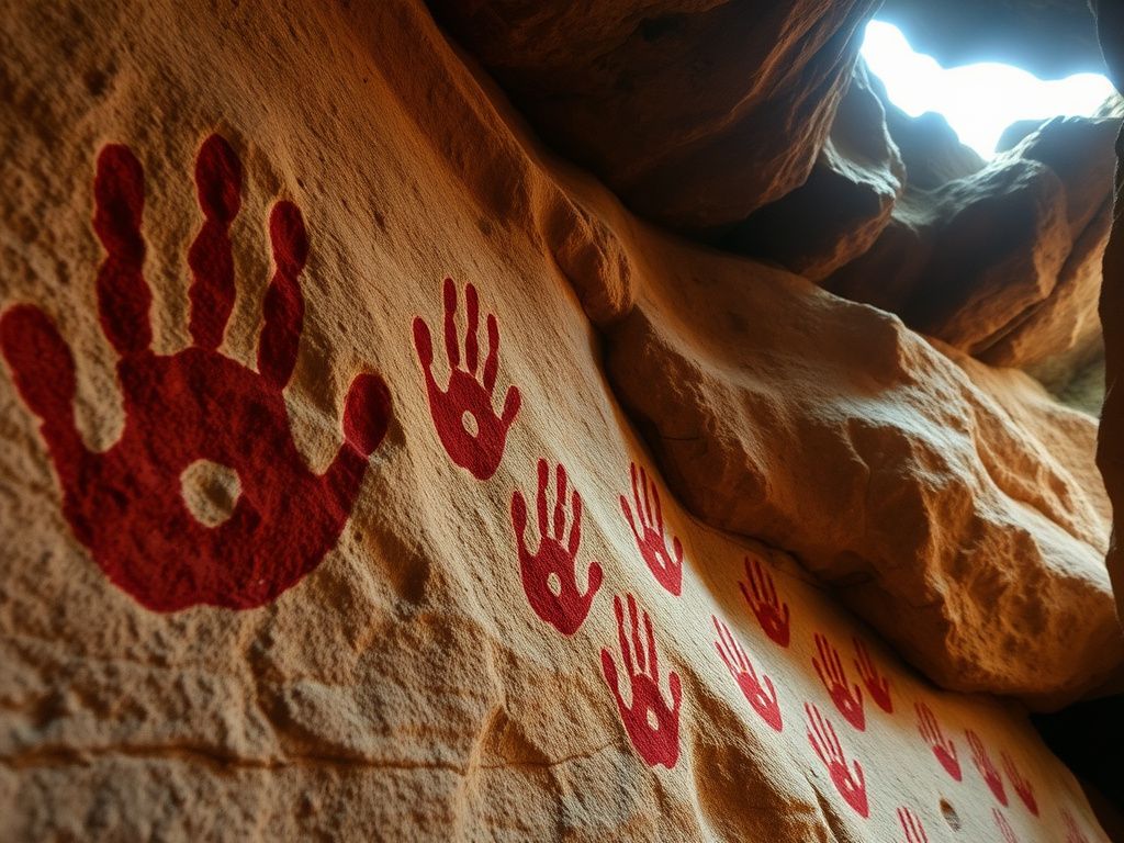 Flick International Ancient reddish-brown handprint stencils on a cave wall in Sulawesi, Indonesia