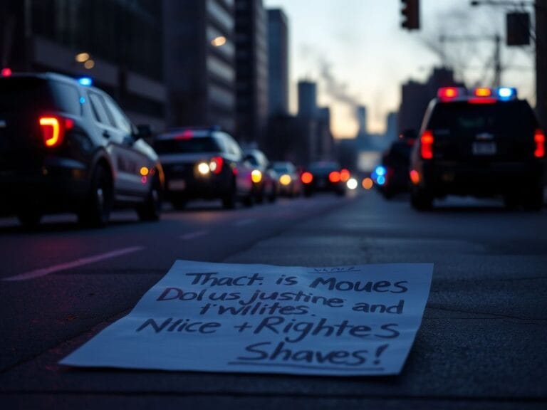Flick International A city street in Minneapolis at dusk with flashing law enforcement lights and a discarded protest sign