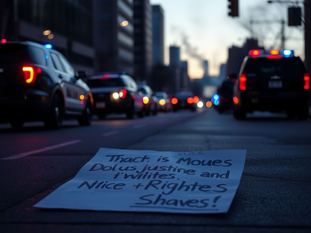 Flick International A city street in Minneapolis at dusk with flashing law enforcement lights and a discarded protest sign