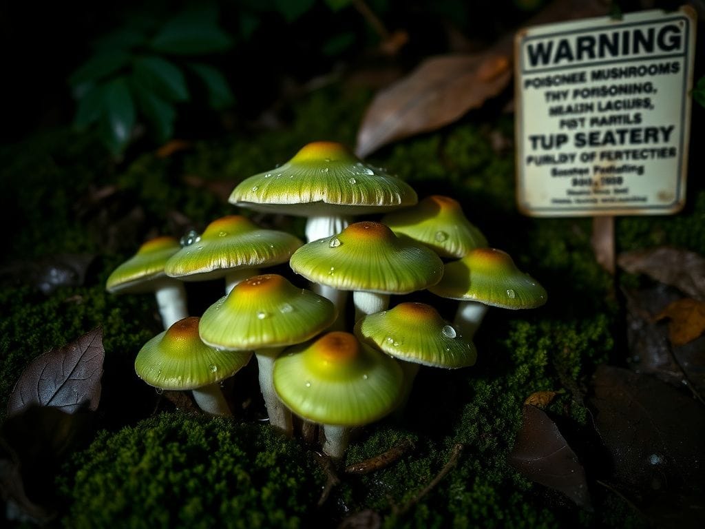 Flick International Close-up of toxic death cap mushrooms growing amidst moss and leaves