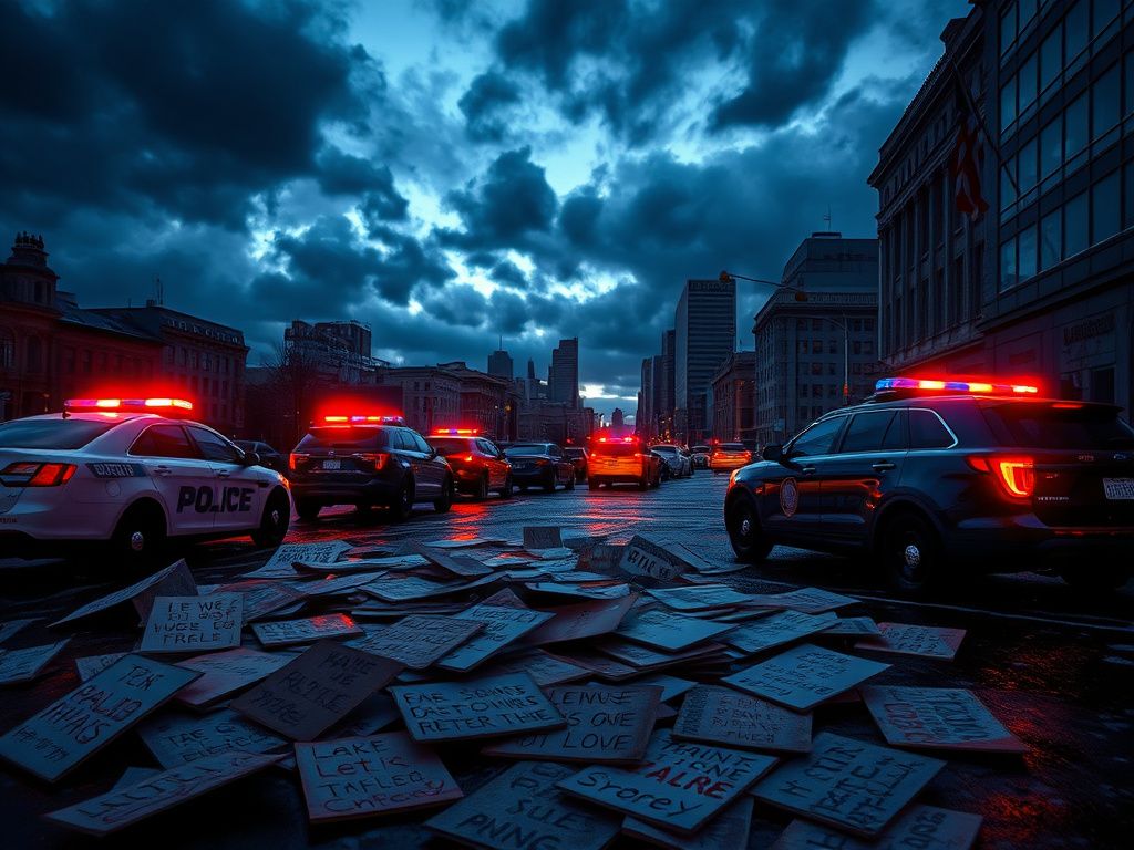 Flick International Dramatic cityscape at dusk with protest signs and police vehicles