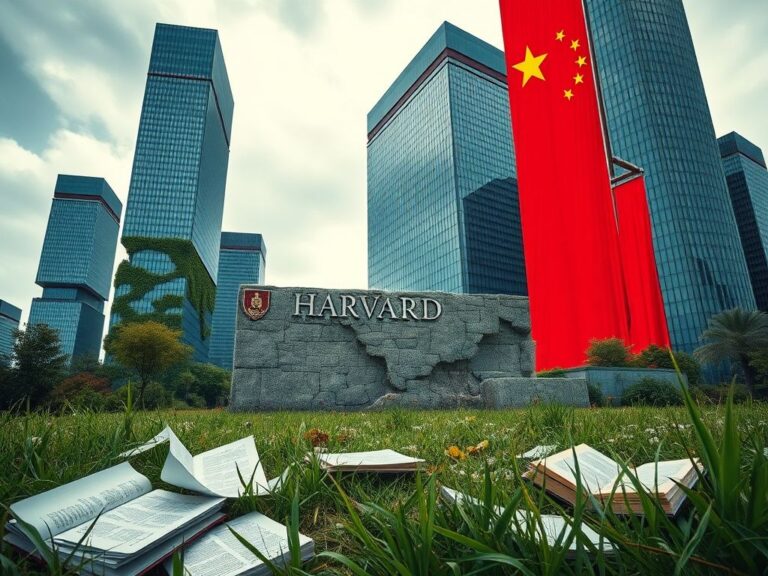 Flick International A crumbling stone monument labeled 'Harvard' overshadowed by modern glass skyscrapers representing Chinese universities