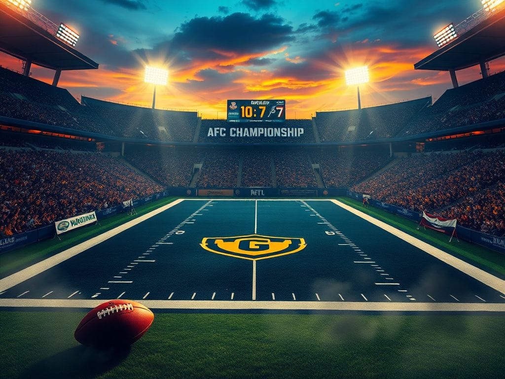 Flick International Dramatic football field scene with sunset colors and stadium lights