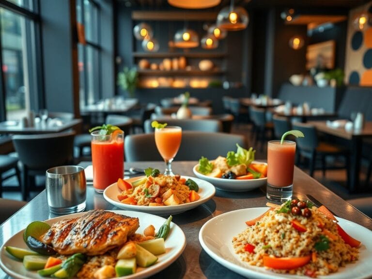 Flick International A modern restaurant table showcasing smaller, healthy dishes with grilled chicken and quinoa bowls