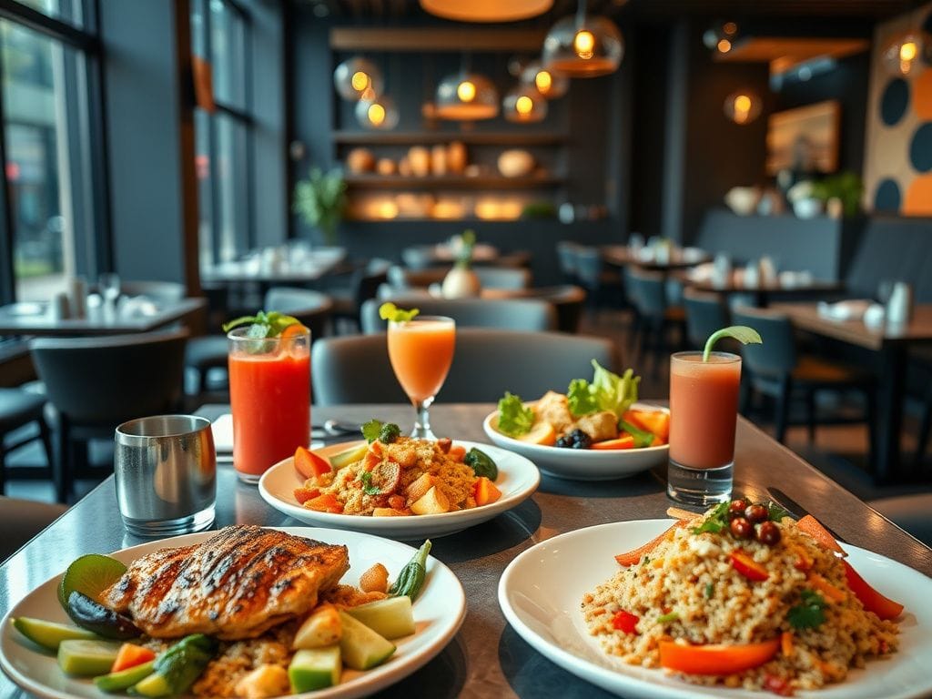 Flick International A modern restaurant table showcasing smaller, healthy dishes with grilled chicken and quinoa bowls