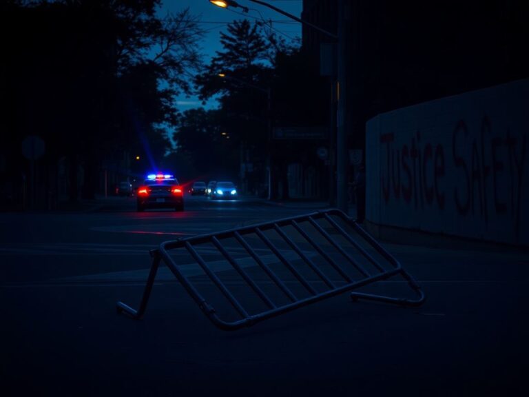 Flick International A dimly lit Minneapolis street corner at dusk with flashing police car lights and discarded police barricades