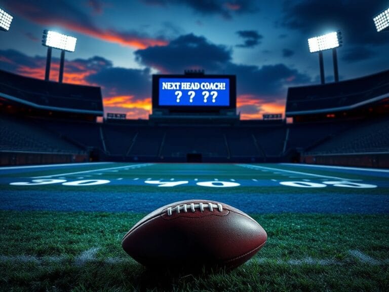 Flick International A dramatic night scene at an empty football stadium with floodlights illuminating the field marked 'Buffalo Bills.'