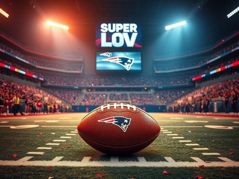 Flick International Dramatic view of a football stadium illuminated with bright lights, featuring the New England Patriots' iconic navy blue and red colors.