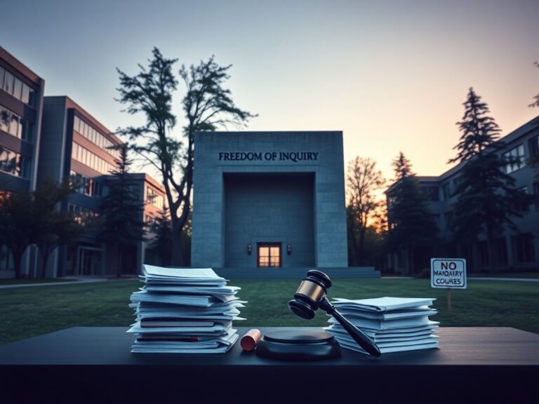 Flick International Dawn scene of a university campus showing a stone facade with 'Freedom of Inquiry' engraving