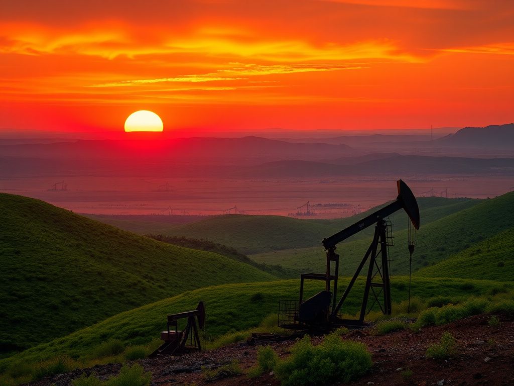 Flick International Vast landscape showing Venezuela's oil reserves with arid plains and oil rigs at sunset