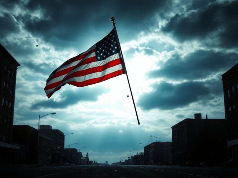 Flick International Broken American flag fluttering in a cloudy sky over an empty urban street in Minnesota