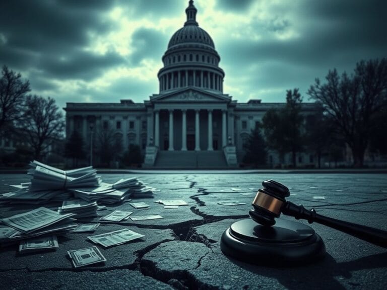 Flick International Government building symbolizes federal authority with crumbling sidewalk of financial evidence