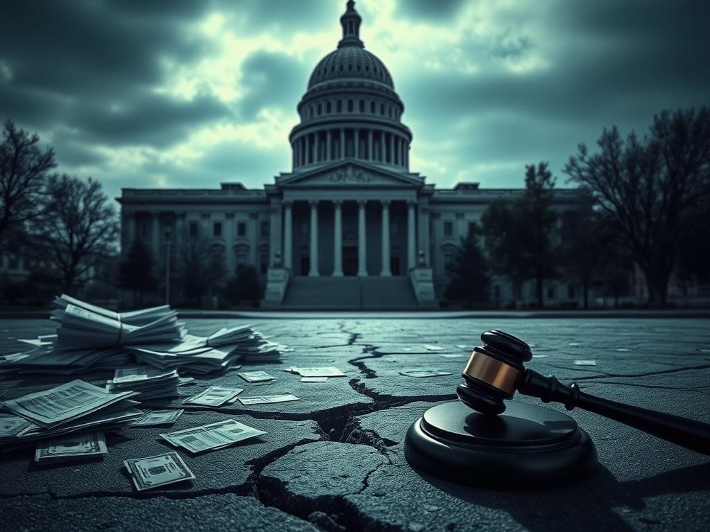 Flick International Government building symbolizes federal authority with crumbling sidewalk of financial evidence