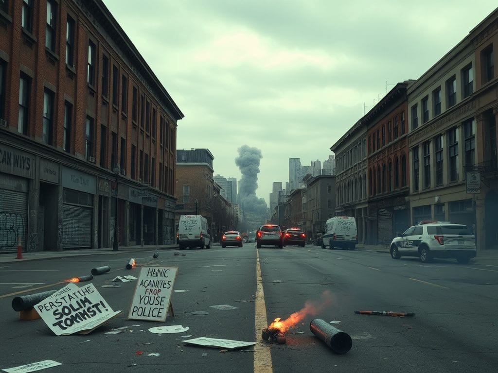 Flick International A high-angle view of empty streets in the Twin Cities showing signs of unrest and vandalism.
