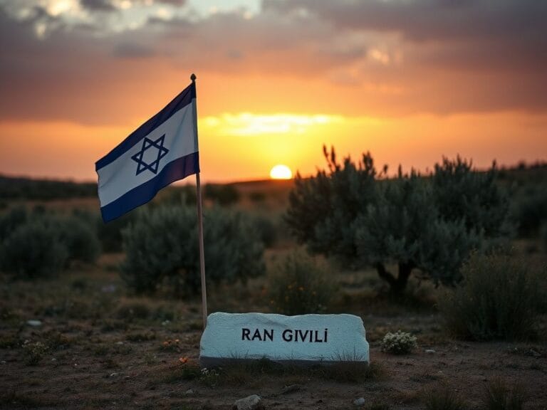Flick International Israeli flag draped over a memorial for Ran Gvili in a serene landscape
