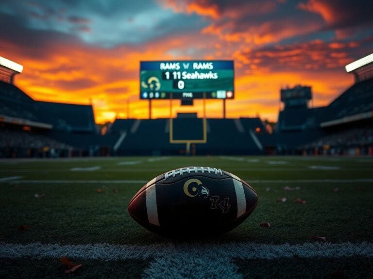 Flick International A dramatic view of an empty football field at sunset with a worn-out football on the 50-yard line.