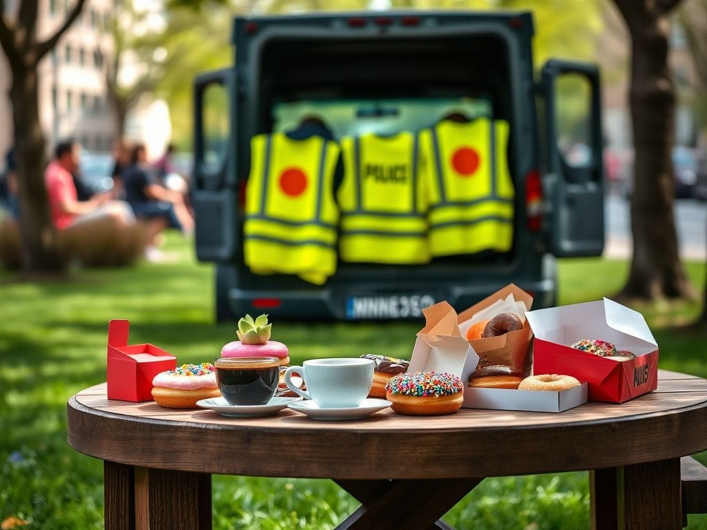 Flick International Wooden table with coffee and colorful donuts in St. Paul park