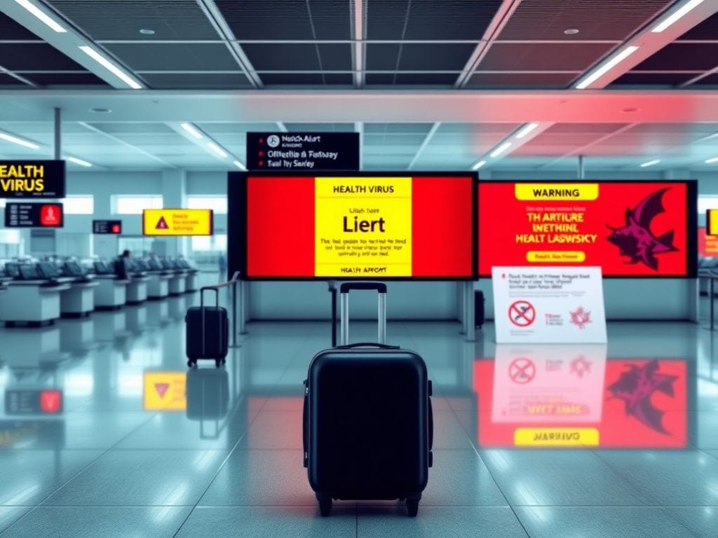 Flick International Modern airport terminal with health screening areas and warning screens