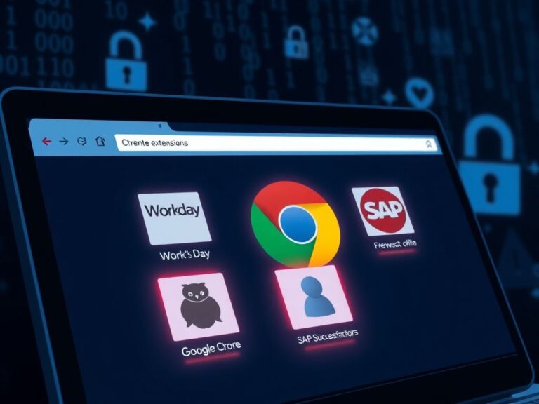 Flick International Close-up of a computer screen displaying various malicious Google Chrome extensions resembling Workday, NetSuite, and SAP SuccessFactors icons.