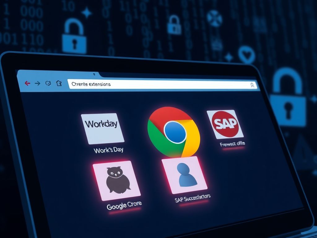 Flick International Close-up of a computer screen displaying various malicious Google Chrome extensions resembling Workday, NetSuite, and SAP SuccessFactors icons.