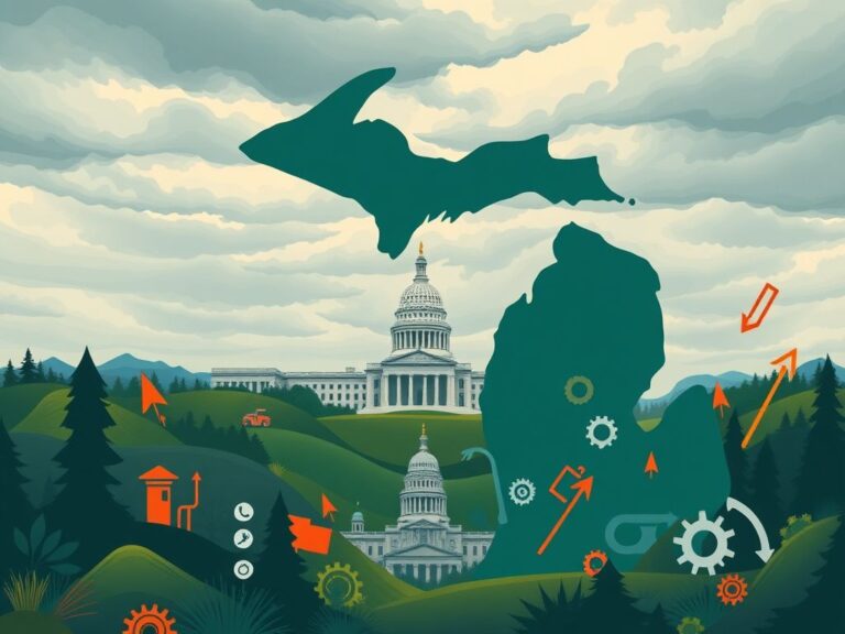 Flick International A vibrant landscape of Michigan showcasing iconic symbols like the Great Lakes and automotive elements.