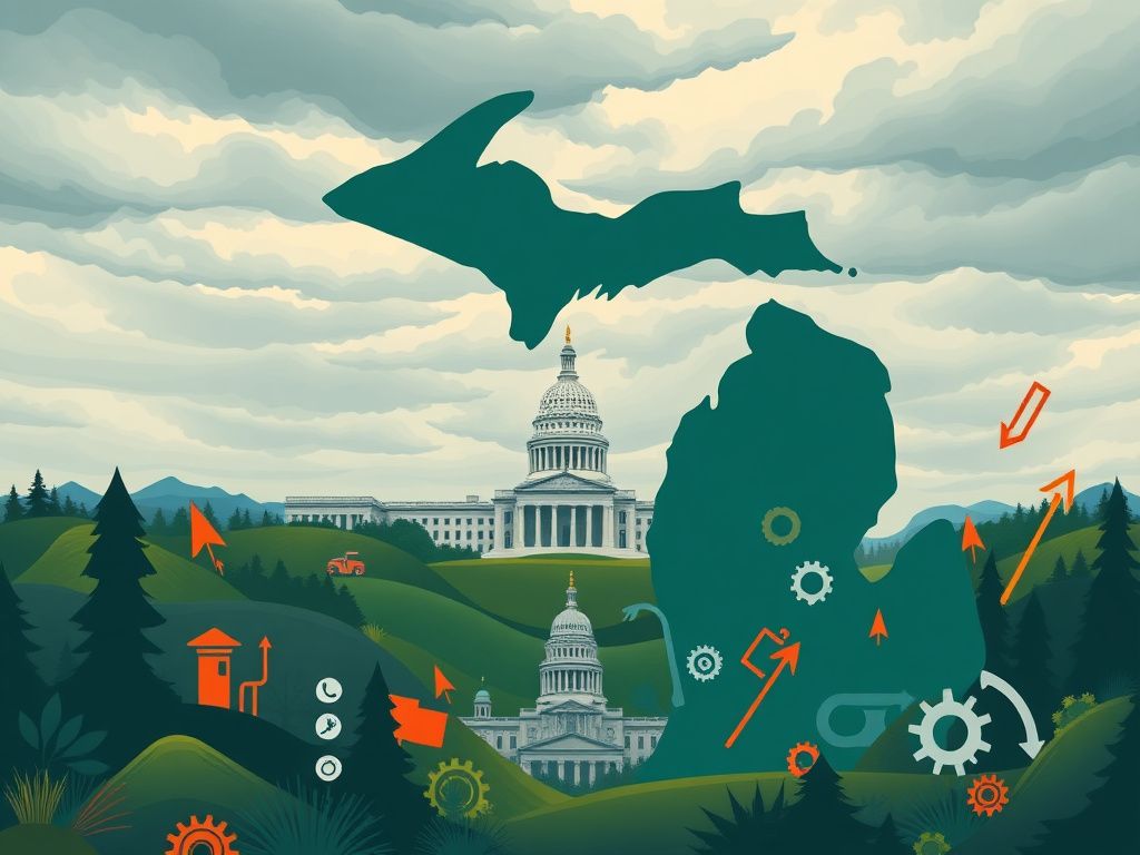 Flick International A vibrant landscape of Michigan showcasing iconic symbols like the Great Lakes and automotive elements.