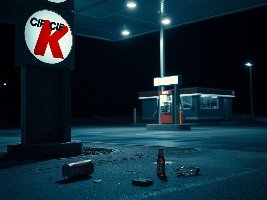 Flick International Scene of a chaotic gas station brawl aftermath with debris on the ground