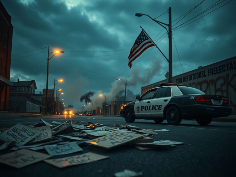 Flick International Remnants of protest signs on a desolate urban street post-conflict