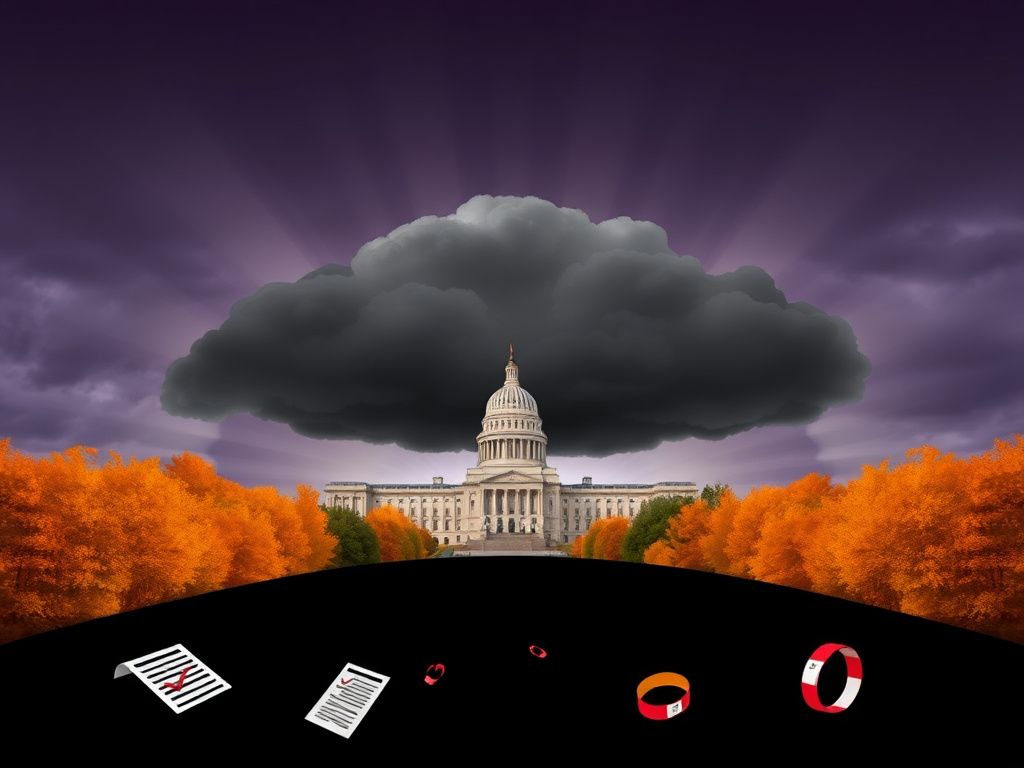 Flick International Dramatic Minnesota landscape with the state capitol building, autumn trees, and a dark cloud representing political turmoil