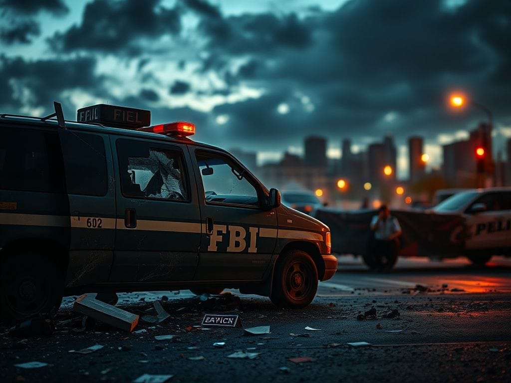 Flick International Damaged FBI vehicle with shattered glass and debris in Minneapolis