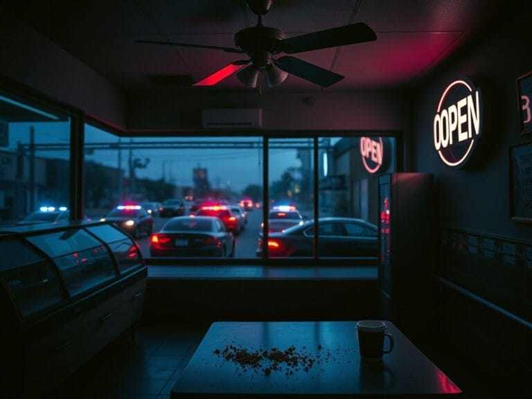Flick International Dimly lit deserted donut shop with police outside