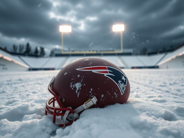 Flick International Close-up of a football on a snowy field with shoe prints and tire tracks