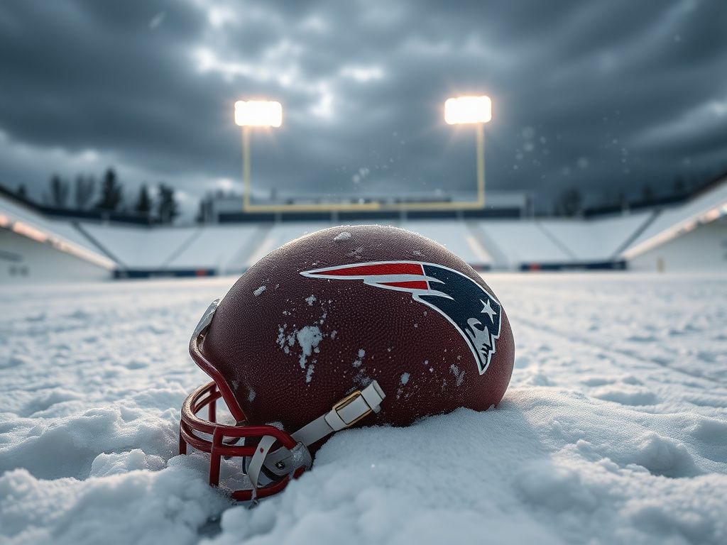 Flick International Close-up of a football on a snowy field with shoe prints and tire tracks