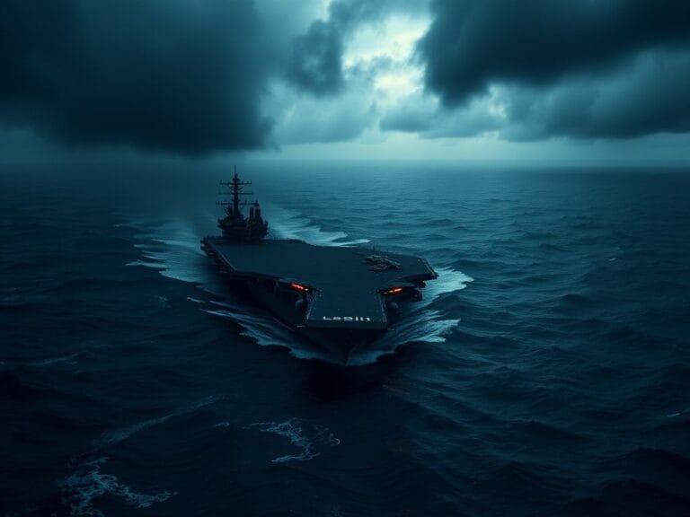 Flick International Aerial view of the USS Abraham Lincoln aircraft carrier in turbulent waters of the Indian Ocean