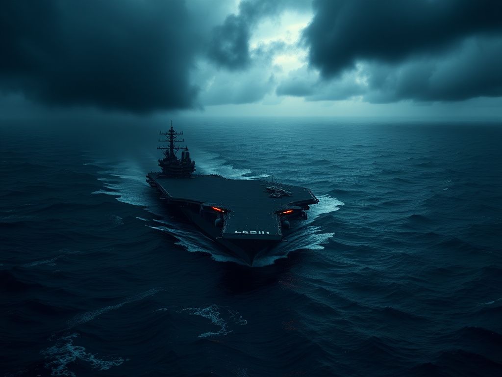 Flick International Aerial view of the USS Abraham Lincoln aircraft carrier in turbulent waters of the Indian Ocean