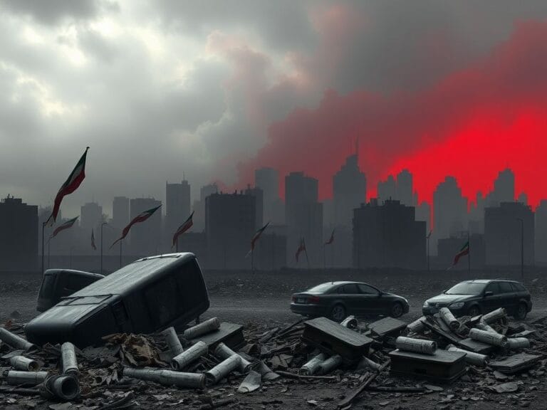 Flick International desolate urban landscape in Iran showcasing the aftermath of protests with overturned cars and shattered glass