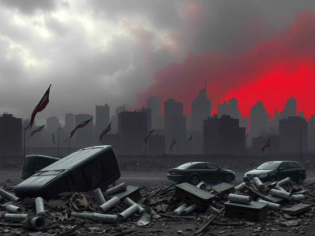 Flick International desolate urban landscape in Iran showcasing the aftermath of protests with overturned cars and shattered glass