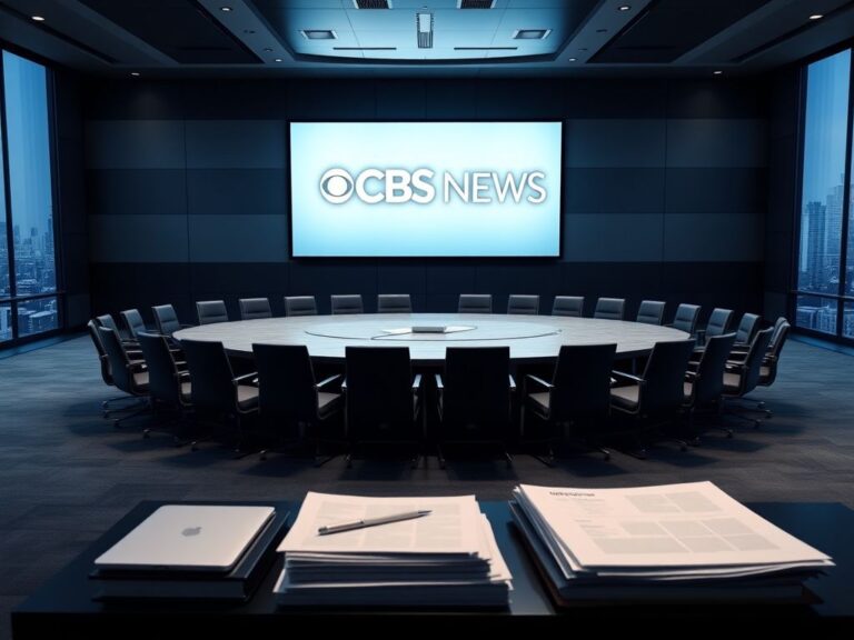 Flick International A sleek conference room set for an all-hands meeting with CBS News logo displayed