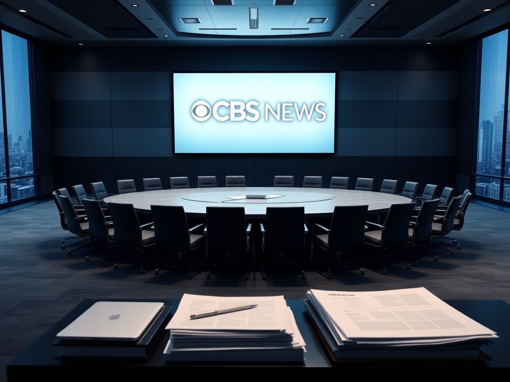 Flick International A sleek conference room set for an all-hands meeting with CBS News logo displayed