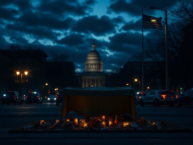 Flick International Darkened Minneapolis street with a makeshift memorial and flowers symbolizing loss and unrest