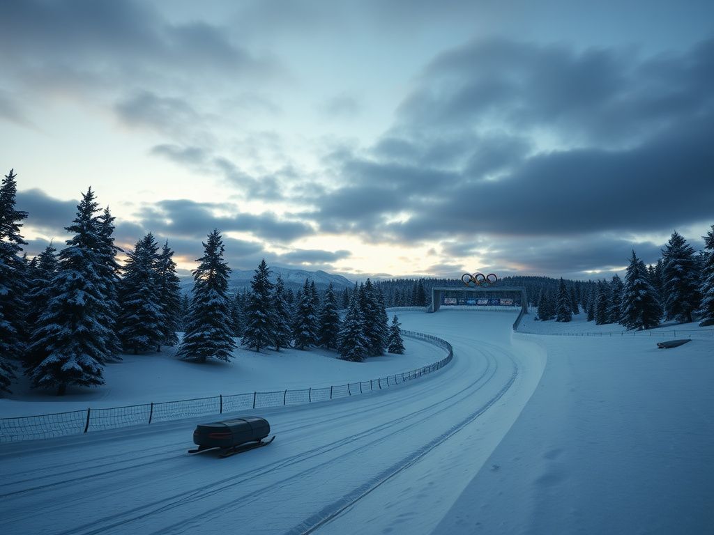 Flick International Snow-covered skull track against a winter landscape with a lone sled at the starting point