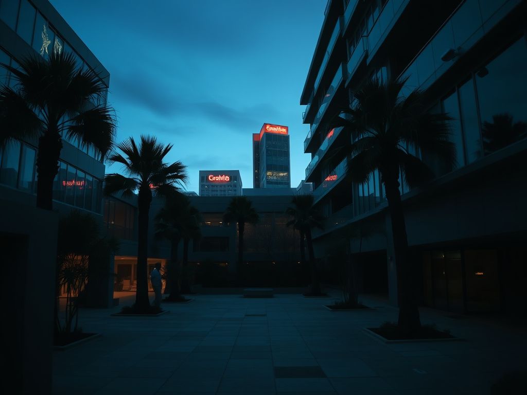 Flick International Luxurious San Francisco apartment complex at twilight with modern architecture and empty courtyard