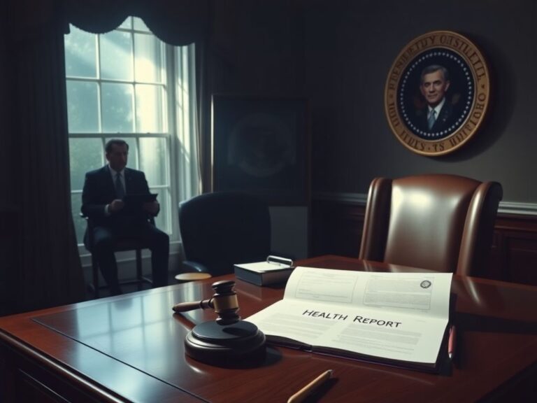 Flick International A dimly lit Oval Office with an open health report on the desk and presidential seal in view